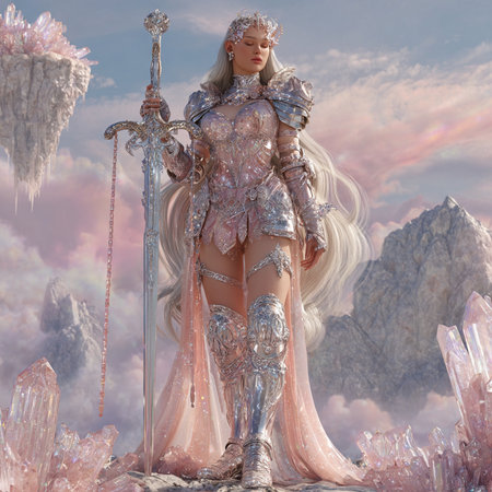 3D illustration of a fantasy female warrior with a sword and armorの素材
