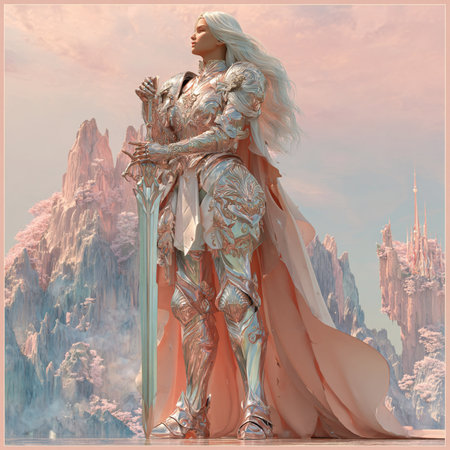 3D Illustration of a Fantasy Woman with a Sword in her Handの素材