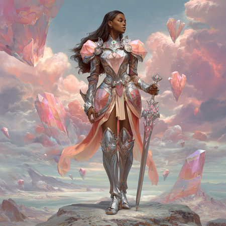 Fantasy landscape with a female knight in armor, 3d illustrationの素材