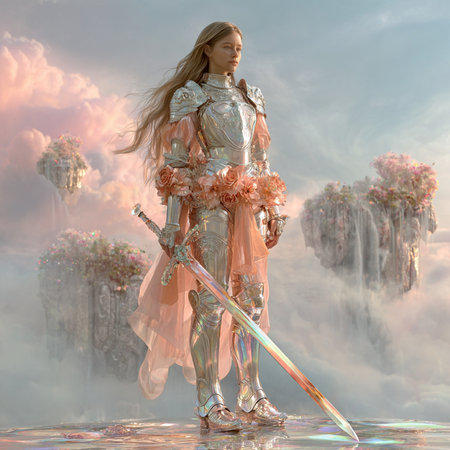 3D rendering of a female knight in a fantasy landscape with cloudsの素材