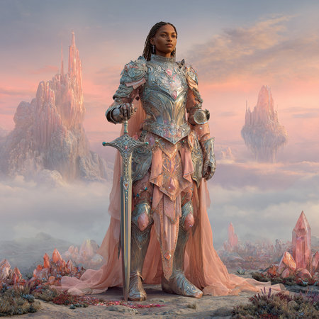 3D illustration of a female knight with a sword in a fantasy landscapeの素材