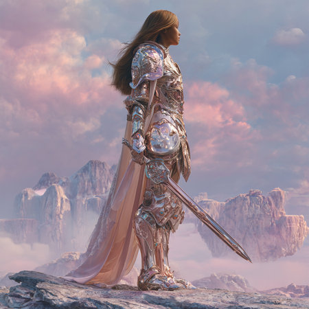 Warrior woman with sword and armor. Fantasy landscape. 3d renderingの素材