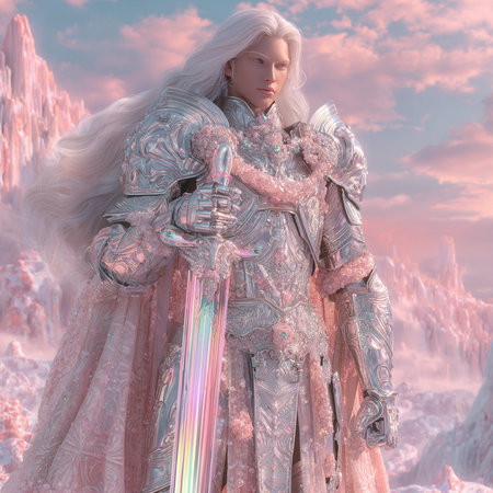 3D CG rendering of Cosplay woman in fantasy land with swordの素材