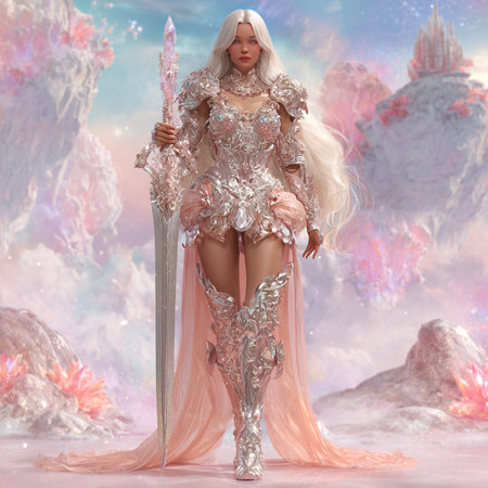 3D Illustration of a Fantasy Woman with a Sword in her handsの素材