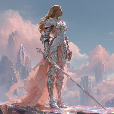 3D illustration of a female knight with a sword in her handsの素材