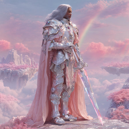3D Illustration of a Fantasy Female knight in a fantasy landscapeの素材