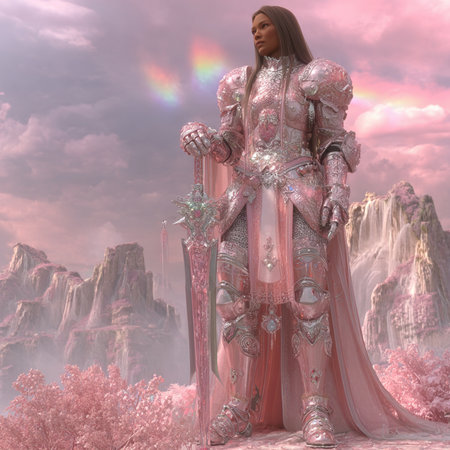 3D rendering of a female warrior in a fantasy landscape with a rainbowの素材