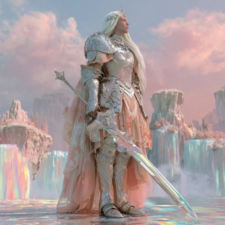Fantasy scene with a knight and a princess. 3D illustrations.の素材