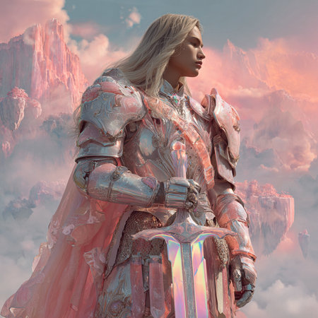 Warrior woman with sword in the clouds. 3D illustrations.の素材