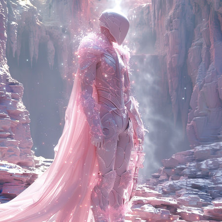 Fantasy scene with a woman in a pink dress. 3d renderingの素材