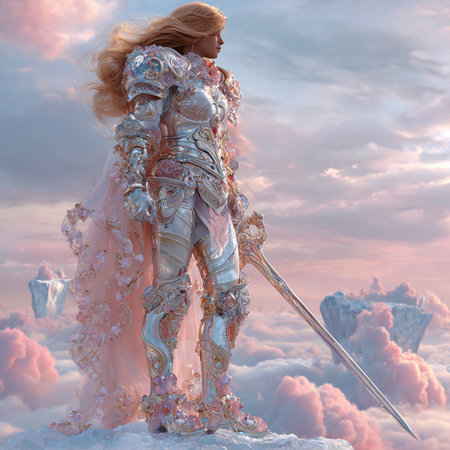 Warrior woman in the clouds. 3D illustrations. Fantasy.の素材