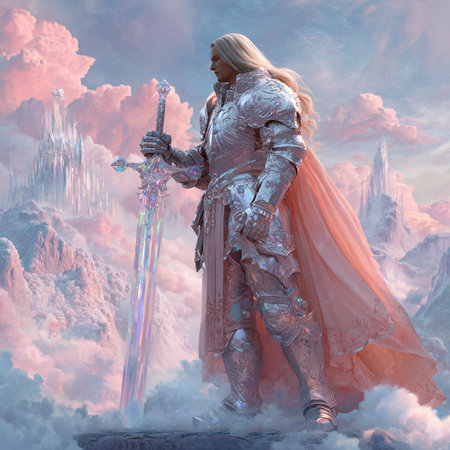 Warrior with sword and armor. Fantasy landscape. 3D illustrations.の素材