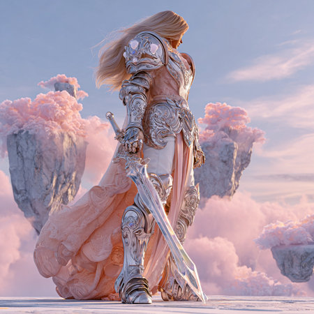 3D CG rendering of Sexy warrior with sword in the sky.の素材