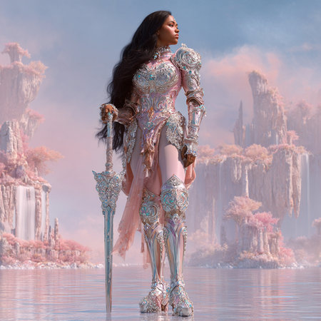 3D Illustration of a female warrior in a fantasy landscape.の素材