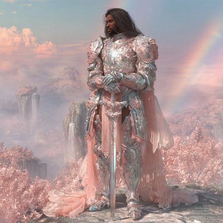 3D Illustration of a fantasy warrior with a sword and armorの素材