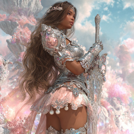 3D illustration of a beautiful woman in a fantasy costume with a swordの素材