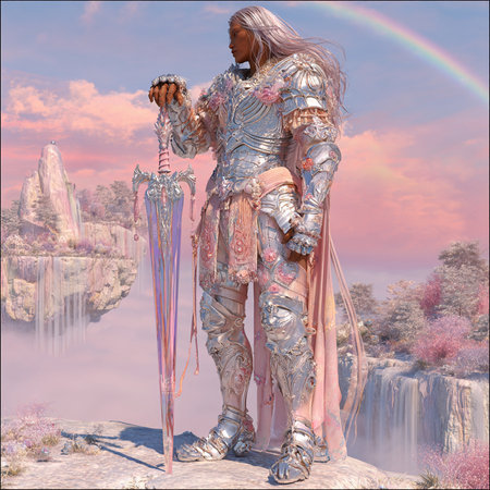 3D rendering of a fantasy warrior with a sword in his handの素材