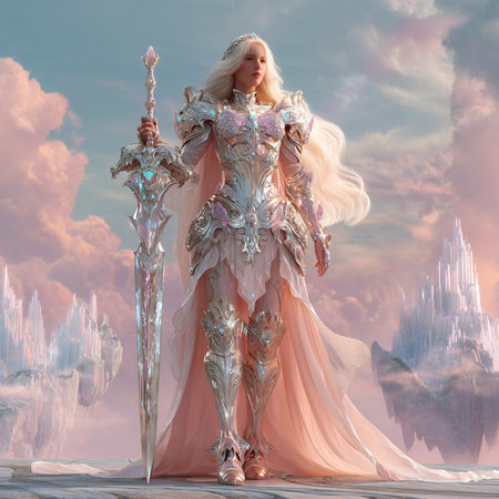 3D rendering of a fantasy woman with a sword in her handsの素材