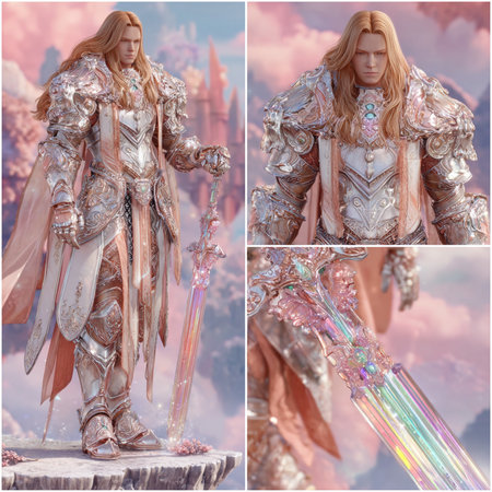 3D rendering of a female warrior in armor on the background of the skyの素材