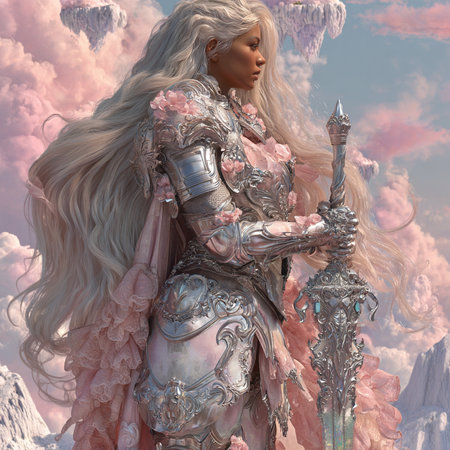 3D Illustration of a Fantasy Female warrior with a sword.の素材