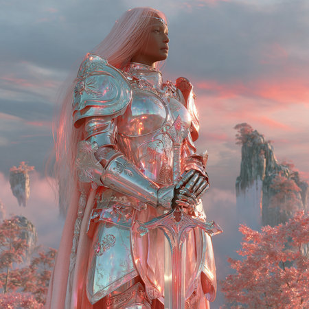 3D Illustration of a female warrior in a fantasy landscape.の素材