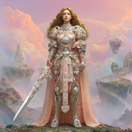 3D Illustration of a Fantasy Princess with a sword in her handsの素材