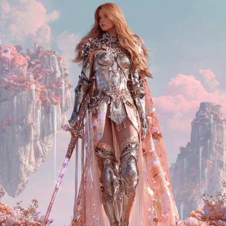 3D rendering of a fantasy alien woman in a silver dress and armorの素材