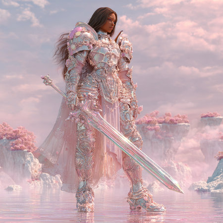 3D Illustration of a Fantasy Woman with a Sword in the Waterの素材