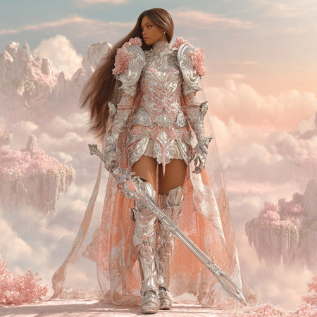 3D illustration of a beautiful fantasy warrior woman with sword and armorの素材