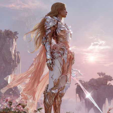 3D rendering of a fantasy woman in silver armor with a sword in her handsの素材