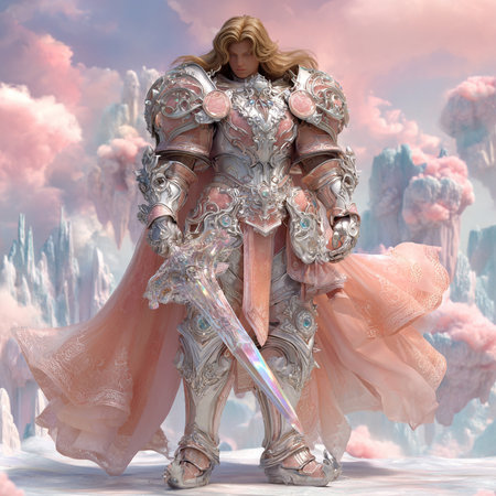 3D rendering of a female knight with a sword in her handsの素材