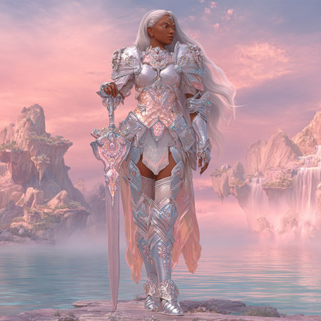 3D rendering of a female warrior with sword and armor on the sea backgroundの素材