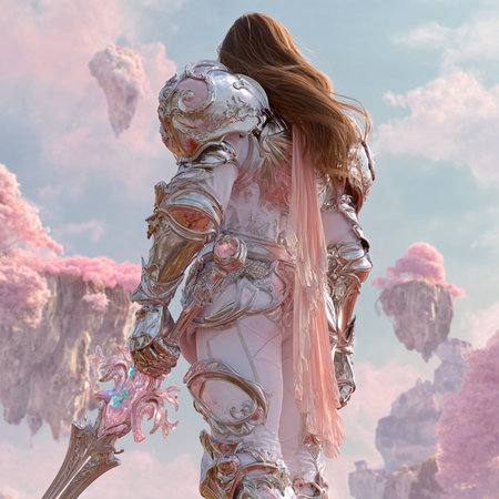 3D Illustration of a Fantasy Woman with Silver armor and helmetの素材
