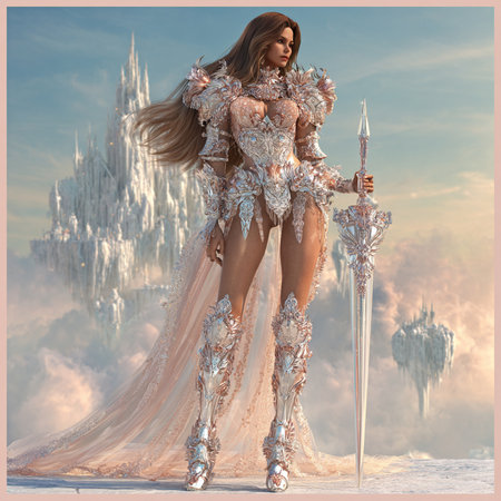 3D illustration of a beautiful fantasy woman with a sword in her handsの素材