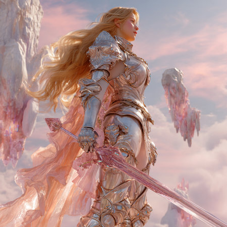 3D Illustration of a Fantasy Woman with a Sword in the Skyの素材