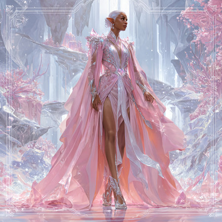 3D rendering of a beautiful woman in pink fantasy dress. Fantasy fashion.の素材