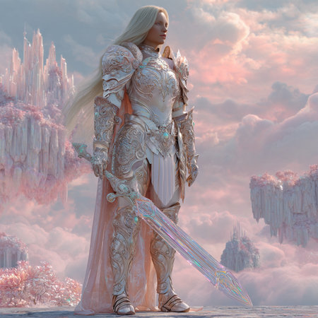 3D rendering of a fantasy warrior with an umbrella in the skyの素材