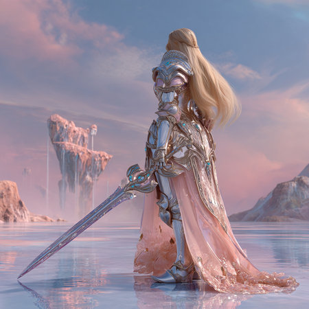 female knight in the ice of the frozen lake. 3d renderの素材