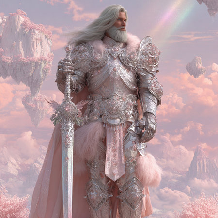 Medieval knight in armor with sword. Fantasy landscape. 3D illustrations.の素材