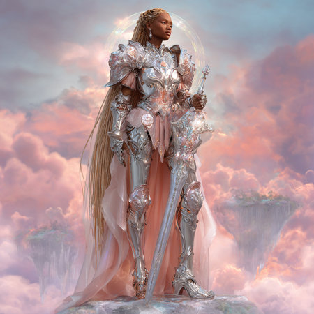 3D rendering of a female warrior with silver armor in the skyの素材