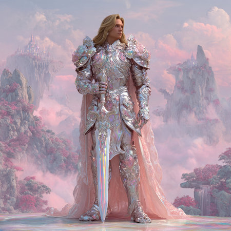 3D rendering of a female knight in a fantasy landscape with a swordの素材