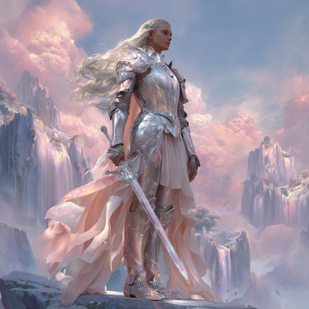 female knight in fantasy landscape 3D illustration of a fantasy warrior with swordの素材