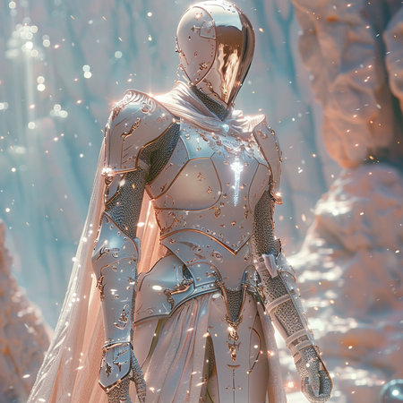 3D rendering of a female robot with silver armor in a snowy forestの素材