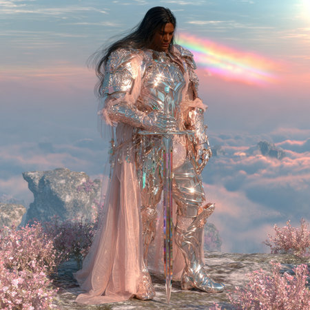 3D CG rendering of fantasy woman on top of the mountain.の素材