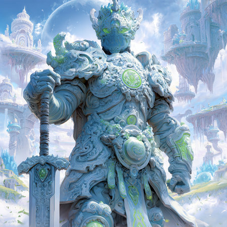 Statue of a man with a dragon in the sky. 3d renderingの素材