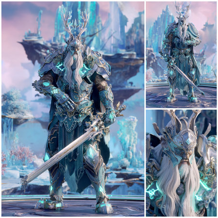 Fantasy scene with fantasy warrior. Collage. 3d renderの素材