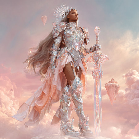 3d illustration of a fantasy warrior woman with a sword in the skyの素材