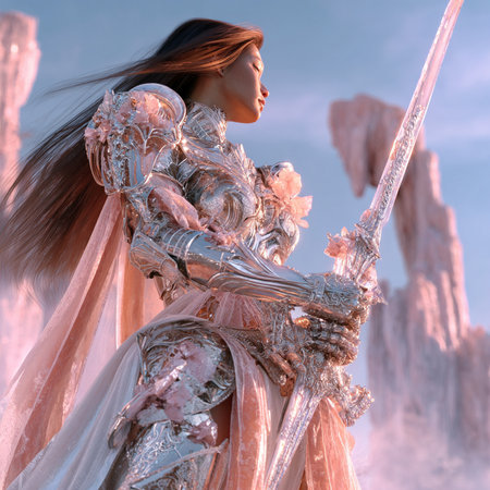 3d rendering of a female fantasy warrior with a sword in her handsの素材