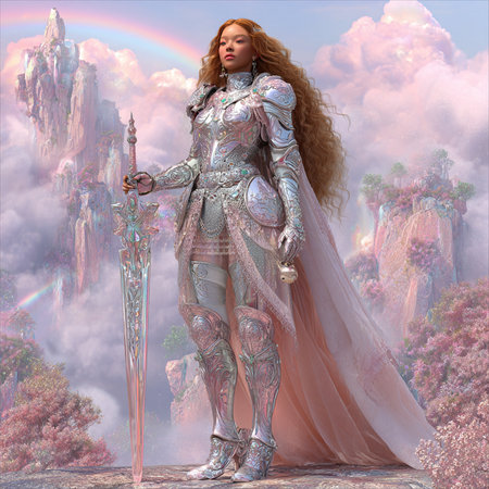 3D rendering of a female warrior in a fantasy landscape with a rainbowの素材