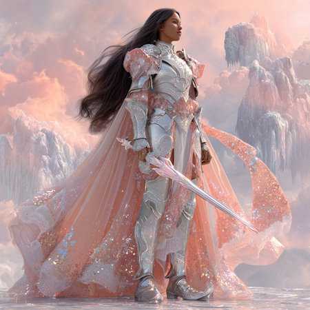 3D Illustration of a Fantasy Woman with a sword in her handの素材